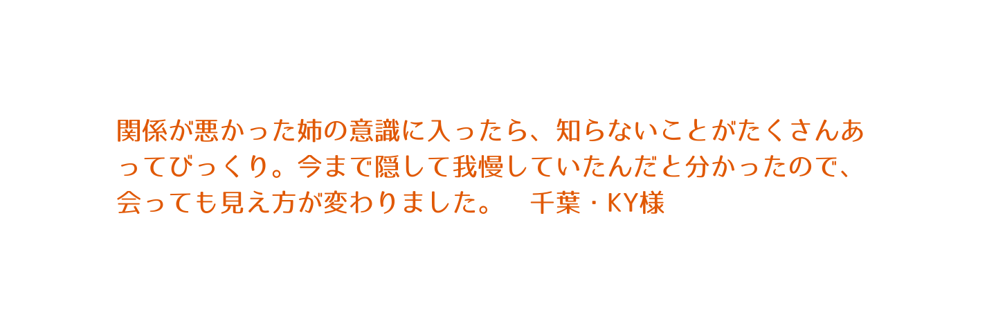 関係が悪かった姉の意識に入ったら 知らないことがたくさんあってびっくり 今まで隠して我慢していたんだと分かったので 会っても見え方が変わりました 千葉 KY様